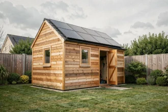Abri de jardin en bois équipé de panneaux solaires sur le toit dans un jardin verdoyant