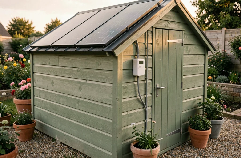 Panneau solaire intégré sur le toit d'un petit abri de jardin vert avec moniteur d'énergie