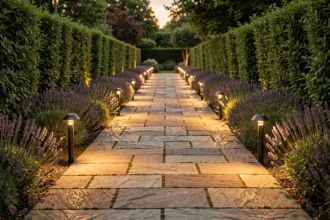 Allée de jardin bordée de lampes solaires sur piquet diffusant une lumière ambrée au crépuscule