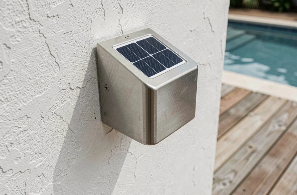 Détail d'une applique murale solaire en inox installée près d'une piscine extérieure avec panneau photovoltaïque intégré