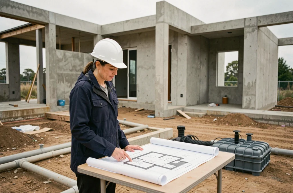 Architecte consultant des plans pour l'intégration d'un système de récupération d'eau pluviale dans une maison neuve en construction