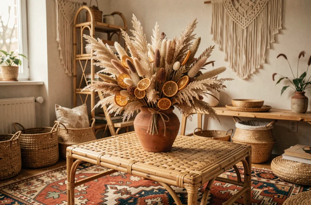 Arrangement de fleurs séchées dans un pot en terre cuite sur table en rotin dans un salon bohème avec tapis kilim