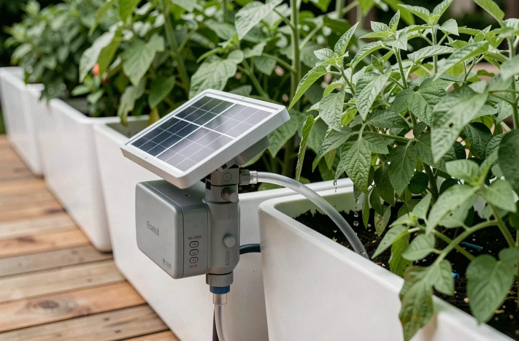 Système d'arrosage goutte-à-goutte solaire connecté à des bacs de culture hors sol sur une terrasse