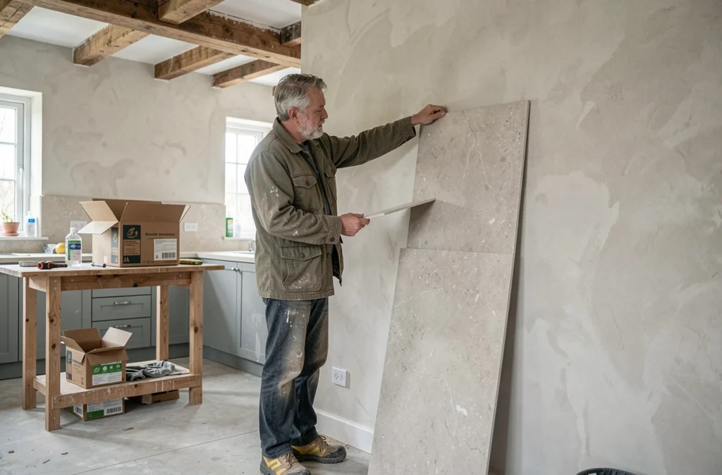 Artisan comparant des carreaux en grès cérame recyclé lors d'une rénovation de cuisine écologique
