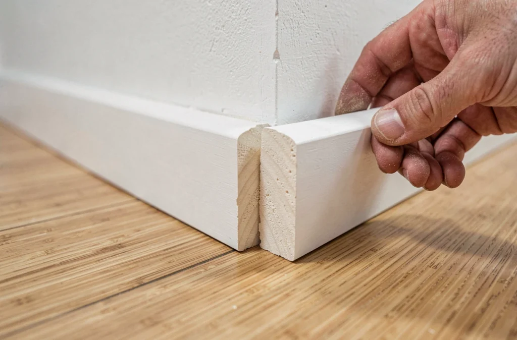 Gros plan sur l'assemblage de deux plinthes coupées à 45 degrés formant un angle parfait dans un couloir moderne, résultat de coupe sans boîte à onglet