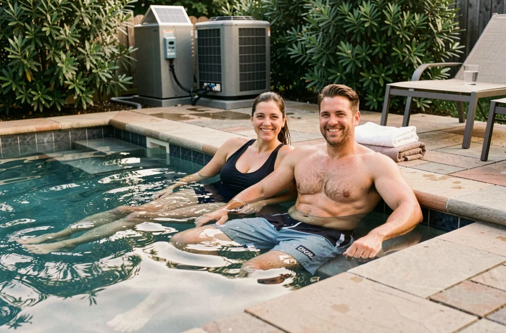 Couple profitant d'une baignade confortable dans une piscine chauffée par une pompe à chaleur solaire