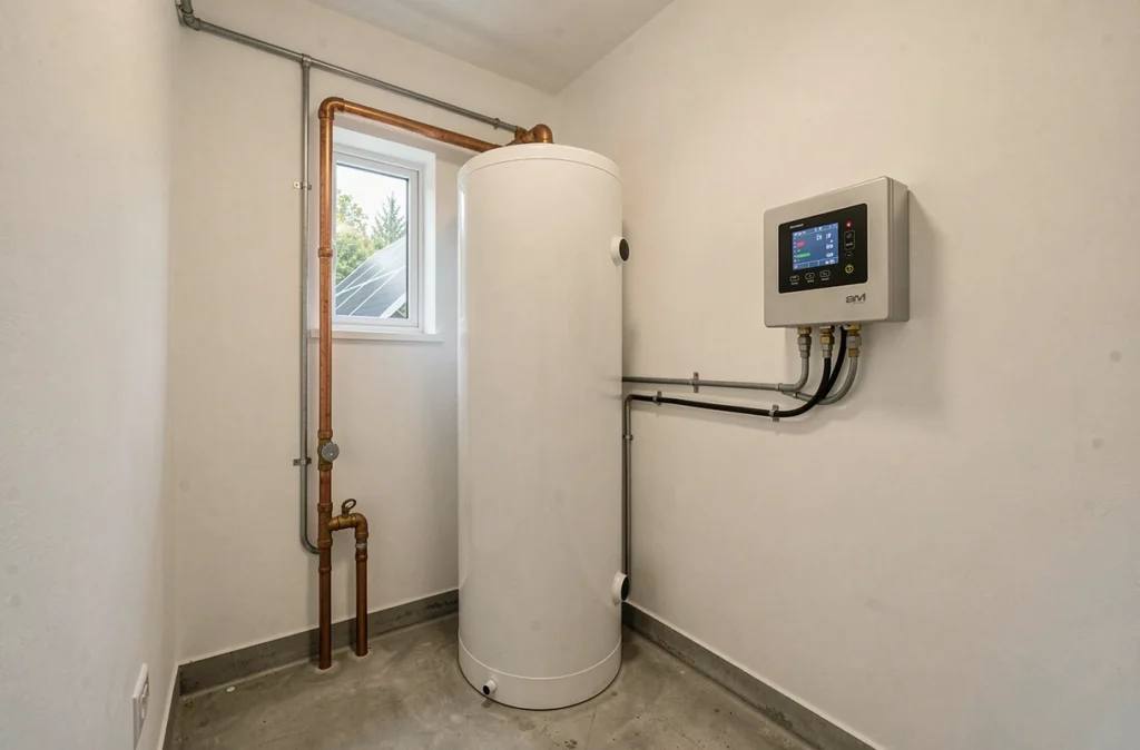 Ballon de stockage d'eau chaude sanitaire connecté à des panneaux solaires thermiques avec contrôleur de température numérique dans une chaufferie moderne
