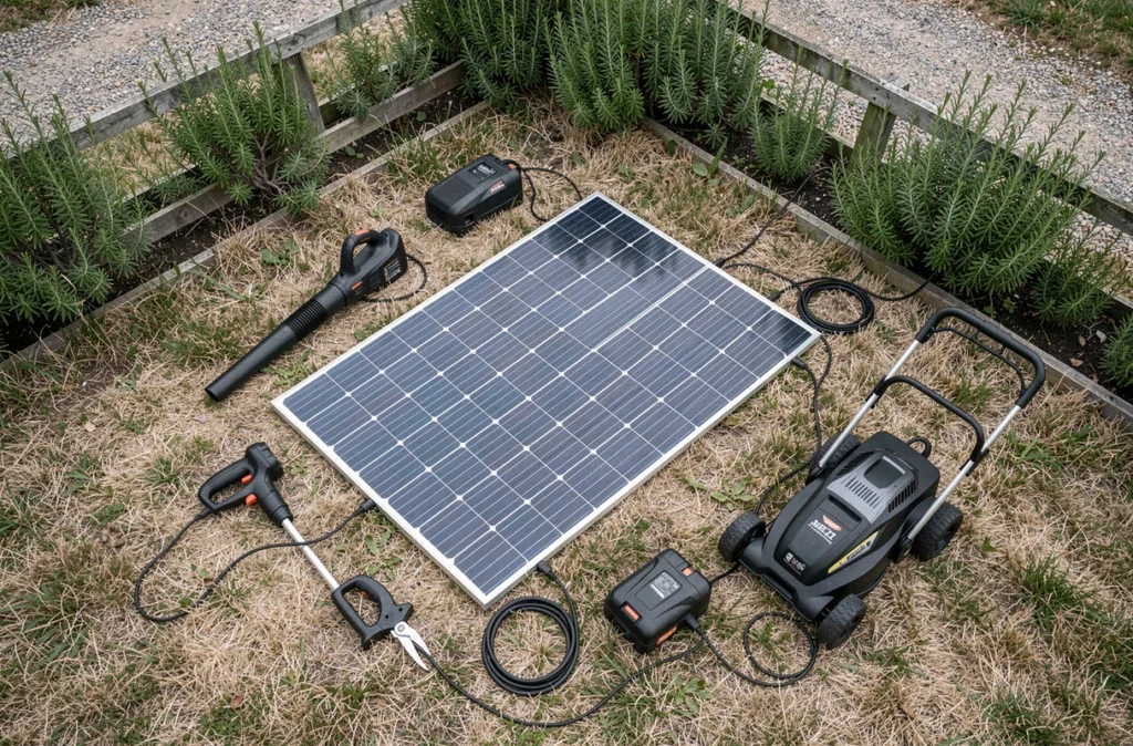 Borne solaire portative posée dans le jardin rechargeant plusieurs batteries d'outils de jardinage sans fil