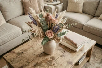Bouquet de fleurs séchées dans un vase en céramique mate sur une table basse en chêne brut dans un salon minimaliste