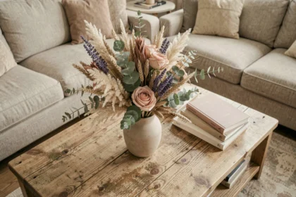Bouquet de fleurs séchées dans un vase en céramique mate sur une table basse en chêne brut dans un salon minimaliste