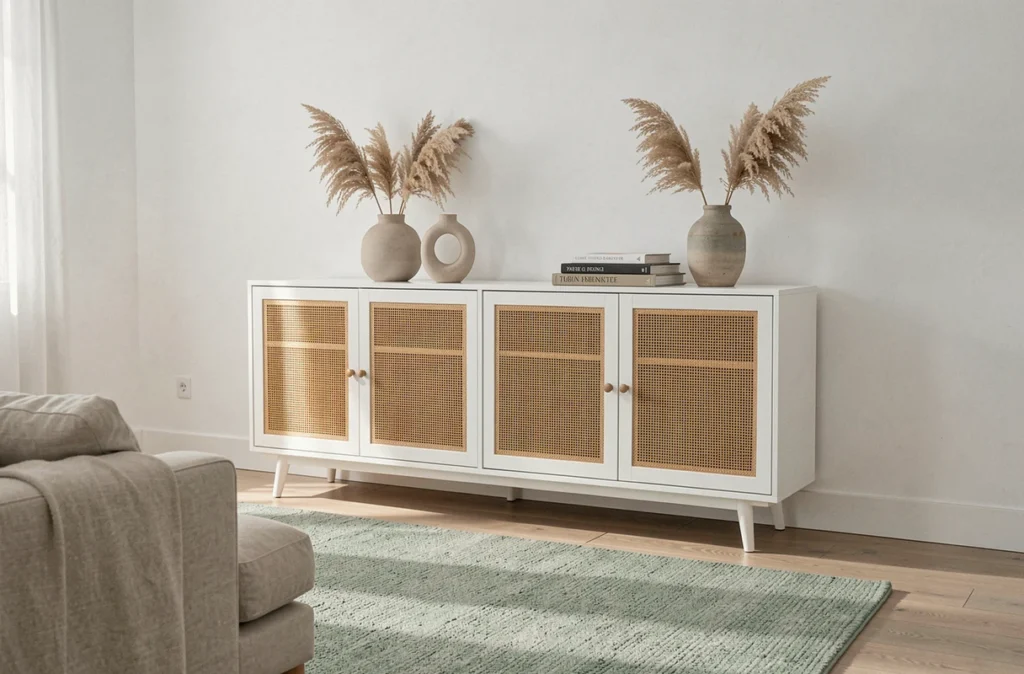 Buffet scandinave moderne avec portes en cannage géométrique blanc dans un salon épuré aux tons neutres et accessoires décoratifs