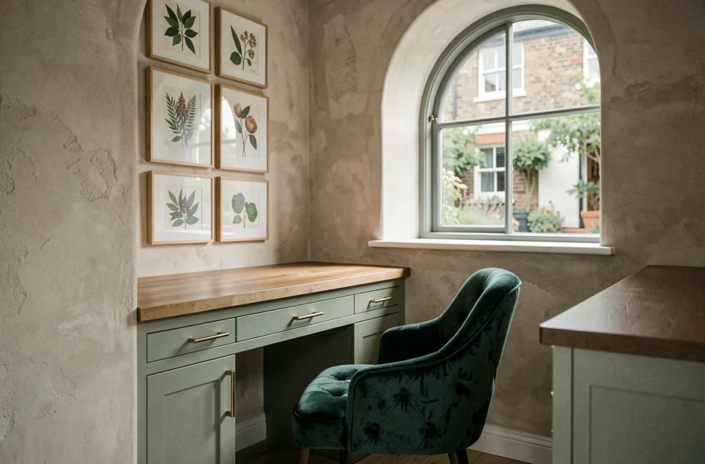Bureau à domicile élégant avec cabineterie vert sauge, poignées en laiton brossé et chaise en velours dans une maison contemporaine