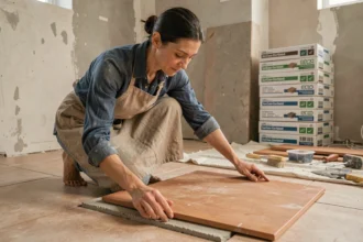 Femme en train d'examiner un carrelage écologique en terre cuite lors d'une rénovation de salle de bain
