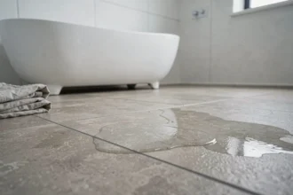 Carrelage en grès cérame grand format dans une salle de bain moderne avec baignoire, idéal pour les pièces humides