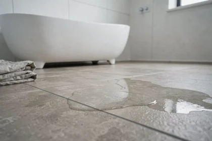 Carrelage en grès cérame grand format dans une salle de bain moderne avec baignoire, idéal pour les pièces humides