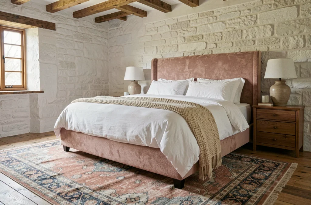 Chambre principale élégante avec tête de lit en bouclé rose, literie en lin blanc et tapis persan vintage dans une villa de campagne raffinée