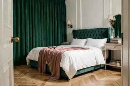 Chambre décorée avec des rideaux en velours vert émeraude et une tête de lit capitonnée en velours bleu sarcelle, ambiance chaleureuse et sophistiquée