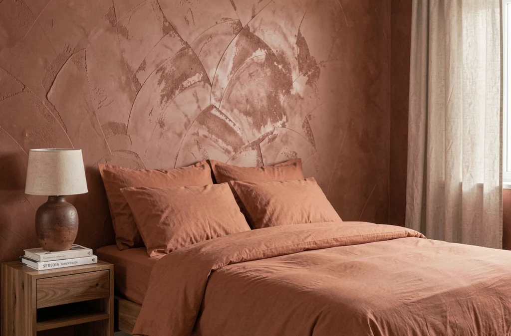 Chambre minimaliste avec literie terracotta, enduit vénitien adobe et lampe céramique rouille
