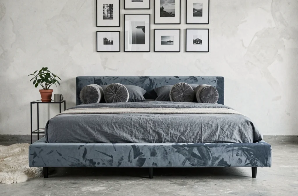 Chambre de style scandinave avec un lit tapissé en velours bleu ardoise, mur en plâtre blanc et sol en béton brut