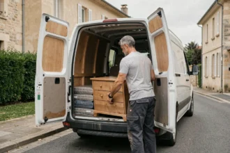 Homme chargeant une commode en bois dans un utilitaire blanc lors d'un déménagement en ville