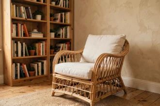 Coin lecture chaleureux avec fauteuil en rotin et bibliothèque en bois dans un salon cosy