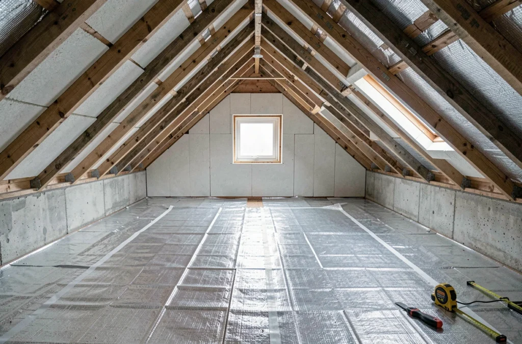 Vue intérieure de combles entièrement isolés avec panneaux rigides et pare-vapeur dans une maison résidentielle