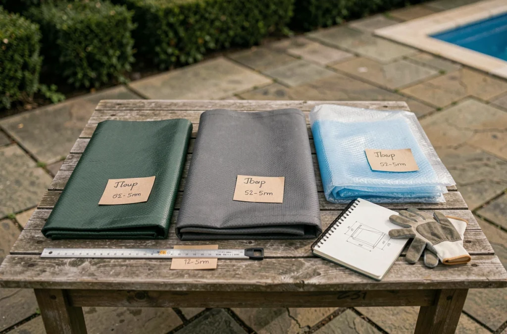 Comparaison de plusieurs bâches solaires de tailles différentes posées sur une table de jardin avec outils de mesure