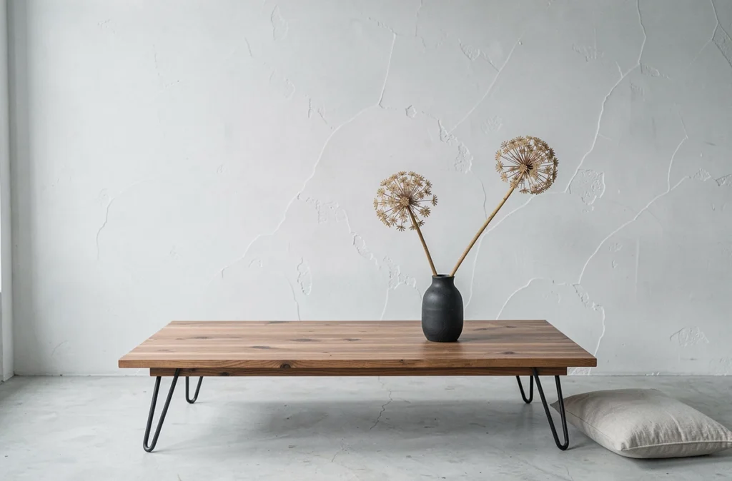 Composition minimaliste avec fleurs séchées en allium dans un vase en grès noir sur table basse en bois style japonais