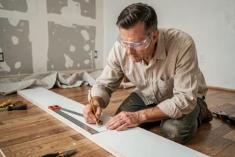 Homme marquant un angle de 45 degrés sur une plinthe en MDF avec une équerre combinée et un crayon, technique de coupe sans boîte à onglet
