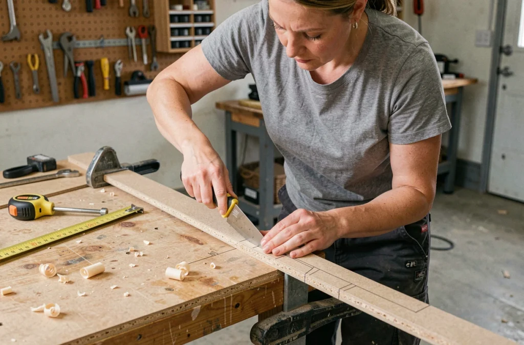 Femme coupant une plinthe à 45 degrés avec un cutter et un gabarit en carton sur un établi de garage, méthode DIY sans scie spéciale