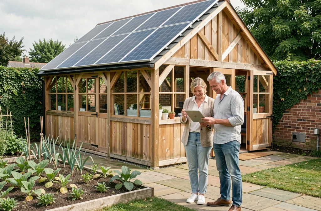 Couple examinant les données de production solaire devant un abri de jardin avec panneaux photovoltaïques
