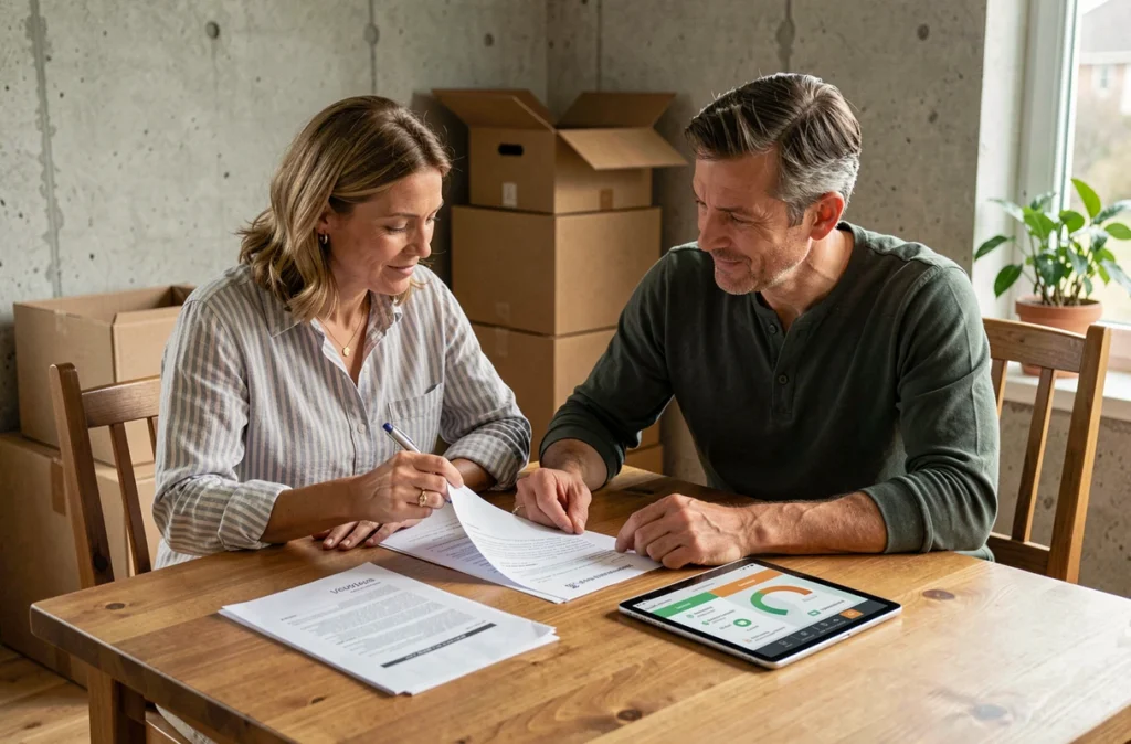 Couple consultant un bilan énergétique et une application de suivi de consommation sur tablette dans leur nouvelle maison lors de l'emménagement