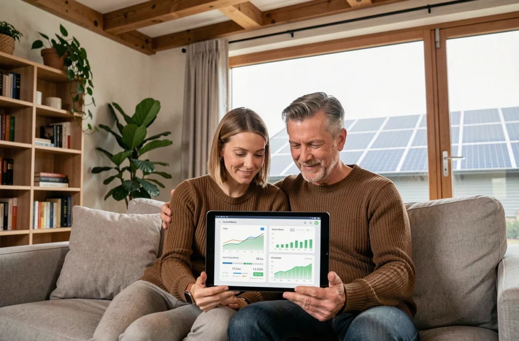 Couple consultant une application de gestion énergétique solaire domotique sur une tablette dans leur salon