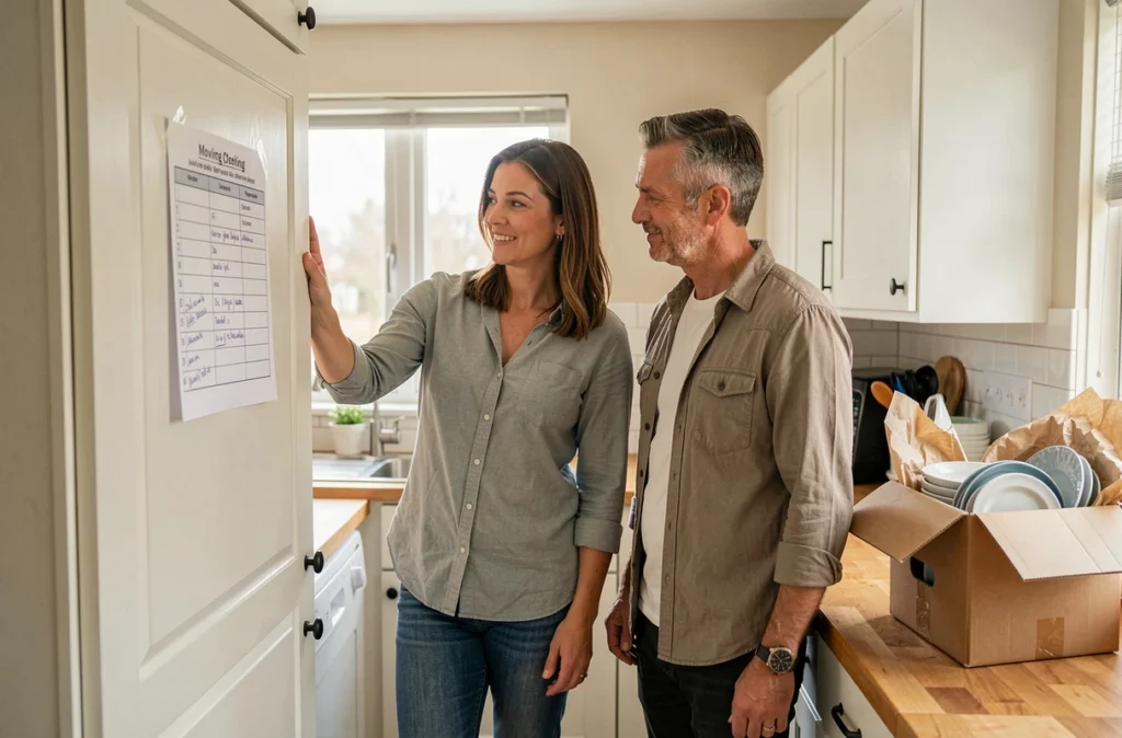 Couple consultant une liste de contrôle de déménagement dans une cuisine avec des cartons emballés