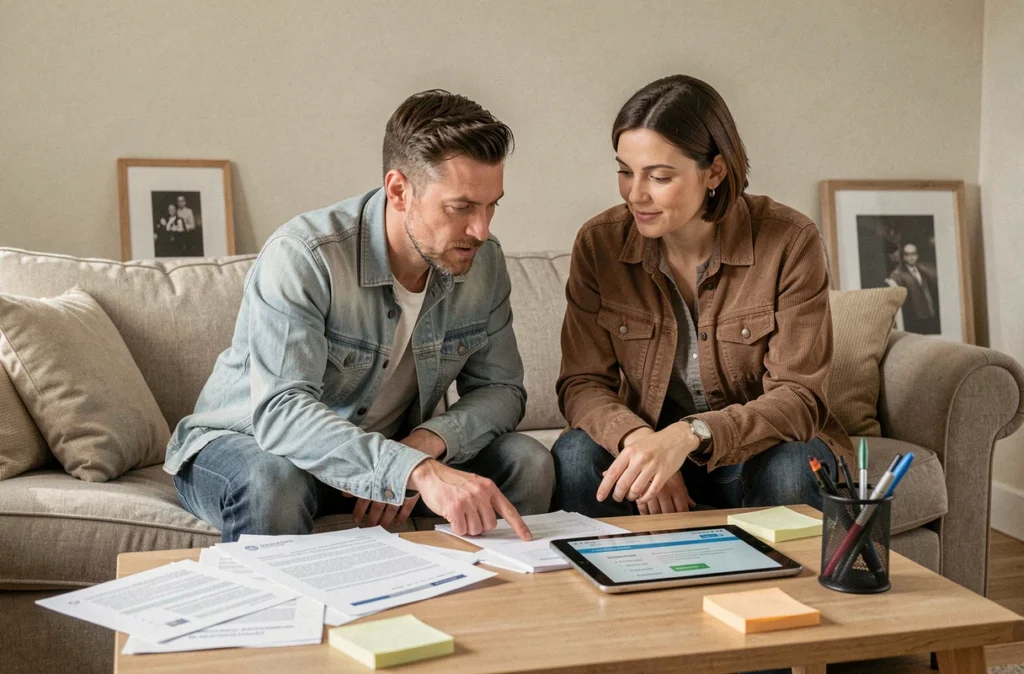 Couple préparant ensemble les démarches administratives avant leur déménagement dans le salon