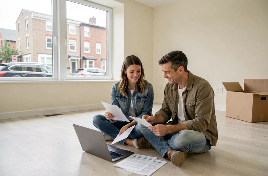 Couple assis par terre dans un appartement vide, consultant des documents de transfert de contrat d'énergie sur ordinateur portable