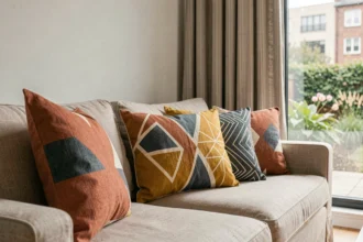 Salon moderne avec coussins géométriques en terracotta et jaune moutarde sur canapé en lin, rideaux à motifs rayures verticales en arrière-plan