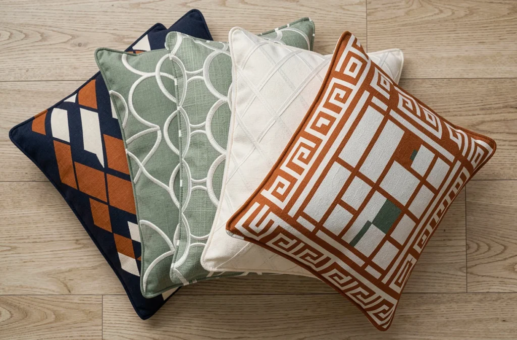 Vue du dessus de six coussins décoratifs aux motifs géométriques variés disposés sur un parquet en chêne clair