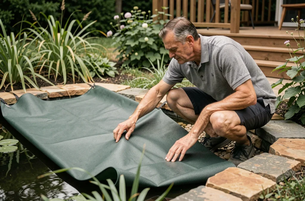 Homme installant une couverture solaire verte sur un bassin de jardin pour limiter l'évaporation de l'eau