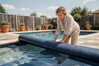 Femme déployant une couverture solaire bleue sur une piscine résidentielle pour limiter l'évaporation de l'eau