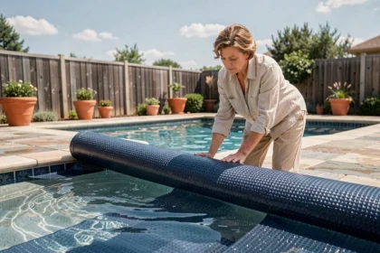 Femme déployant une couverture solaire bleue sur une piscine résidentielle pour limiter l'évaporation de l'eau
