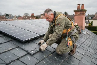 Couvreur inspectant une toiture rénovée avec des panneaux solaires installés sur une maison résidentielle en France