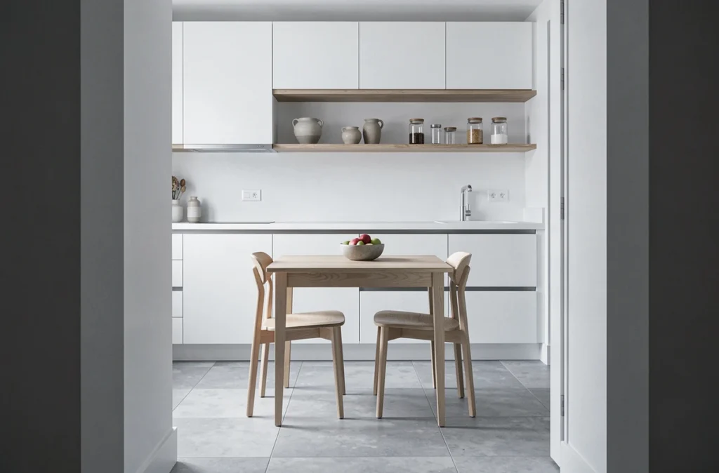 Petite cuisine minimaliste avec placards blancs, étagères ouvertes en bois et table à manger épurée en frêne