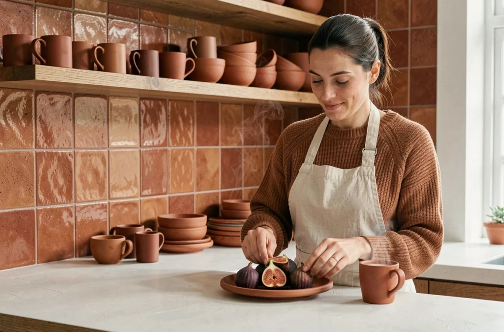 Femme arrangeant des figues dans une cuisine moderne avec carrelage terracotta et étagères en bois
