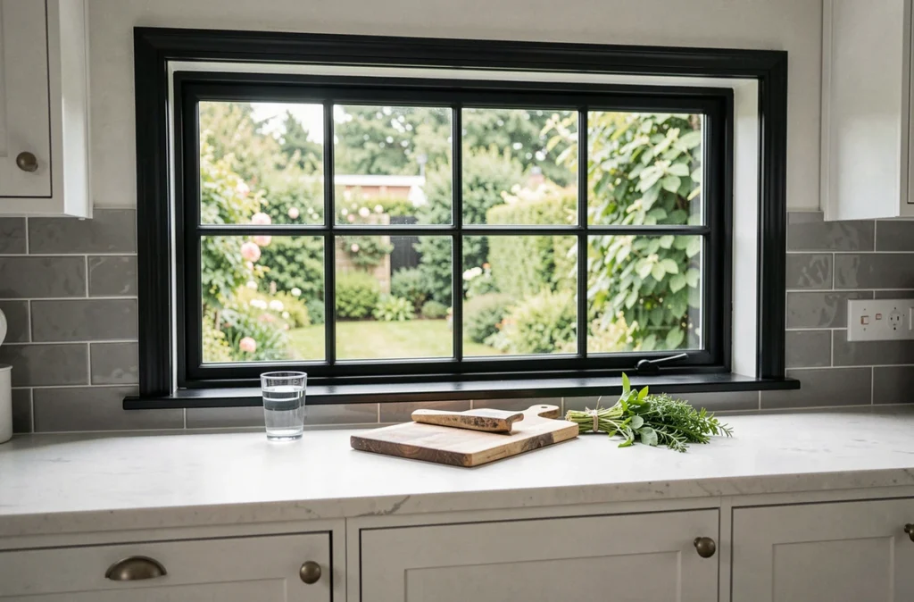 Cuisine scandinave avec fenêtre horizontale noire au-dessus d'un plan de travail en pierre blanche donnant sur un jardin verdoyant