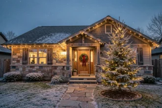 Maison décorée de guirlandes solaires et d'un sapin illuminé pour Noël à la tombée de la nuit