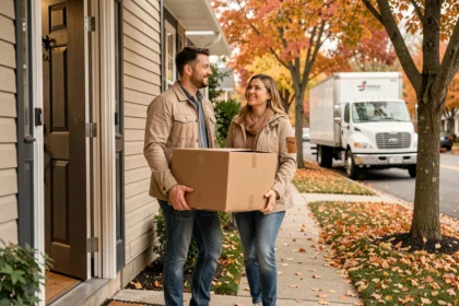 Couple portant des cartons lors d'un déménagement en automne devant une maison de banlieue