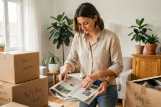 Femme emballant de la vaisselle dans du papier journal recyclé lors d'un déménagement écologique