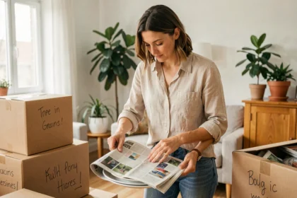 Femme emballant de la vaisselle dans du papier journal recyclé lors d'un déménagement écologique