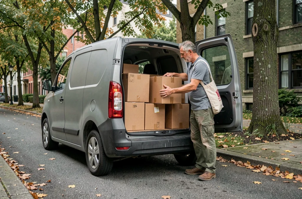 Homme chargeant des cartons dans un van électrique lors d'un déménagement respectueux de l'environnement